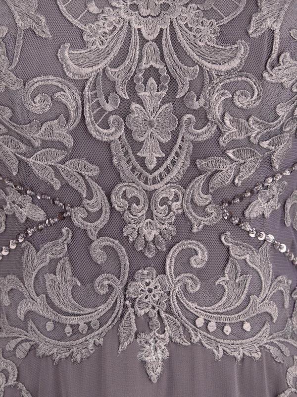 A-line Boat Neck Illusion Asymmetrical Chiffon Lace Mother of the Bride Dress With Sequins Beading - Image 5