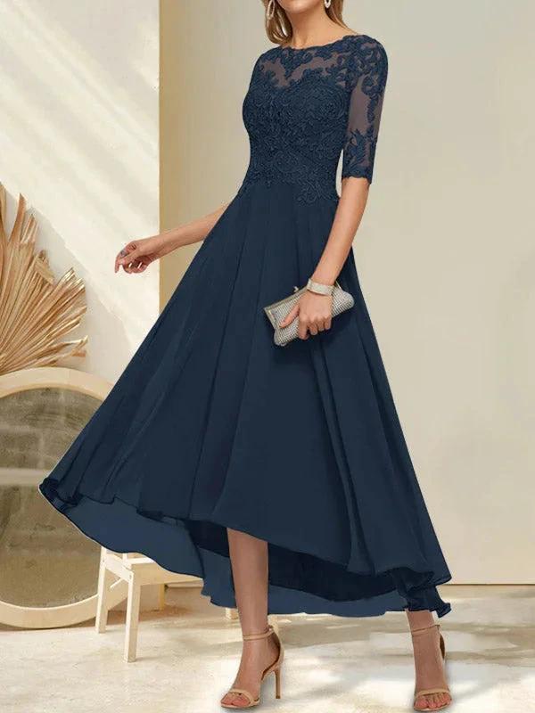 A-line Boat Neck Illusion Asymmetrical Chiffon Lace Mother of the Bride Dress With Sequins Beading - Image 6