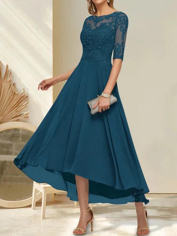 A-line Boat Neck Illusion Asymmetrical Chiffon Lace Mother of the Bride Dress With Sequins Beading - Image 7