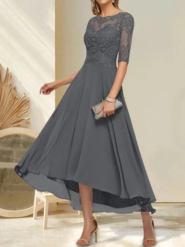 A-line Boat Neck Illusion Asymmetrical Chiffon Lace Mother of the Bride Dress With Sequins Beading - Image 8