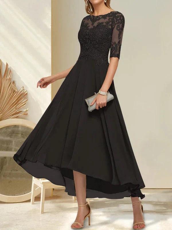 A-line Boat Neck Illusion Asymmetrical Chiffon Lace Mother of the Bride Dress With Sequins Beading - Image 9