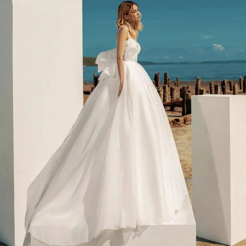 A-Line Bohemian Wedding Dresses Women's Sweetheart Spaghetti Strap Backless Vestido De Beaded Shiny Back Bowknot Robe De Mariee - Image 2
