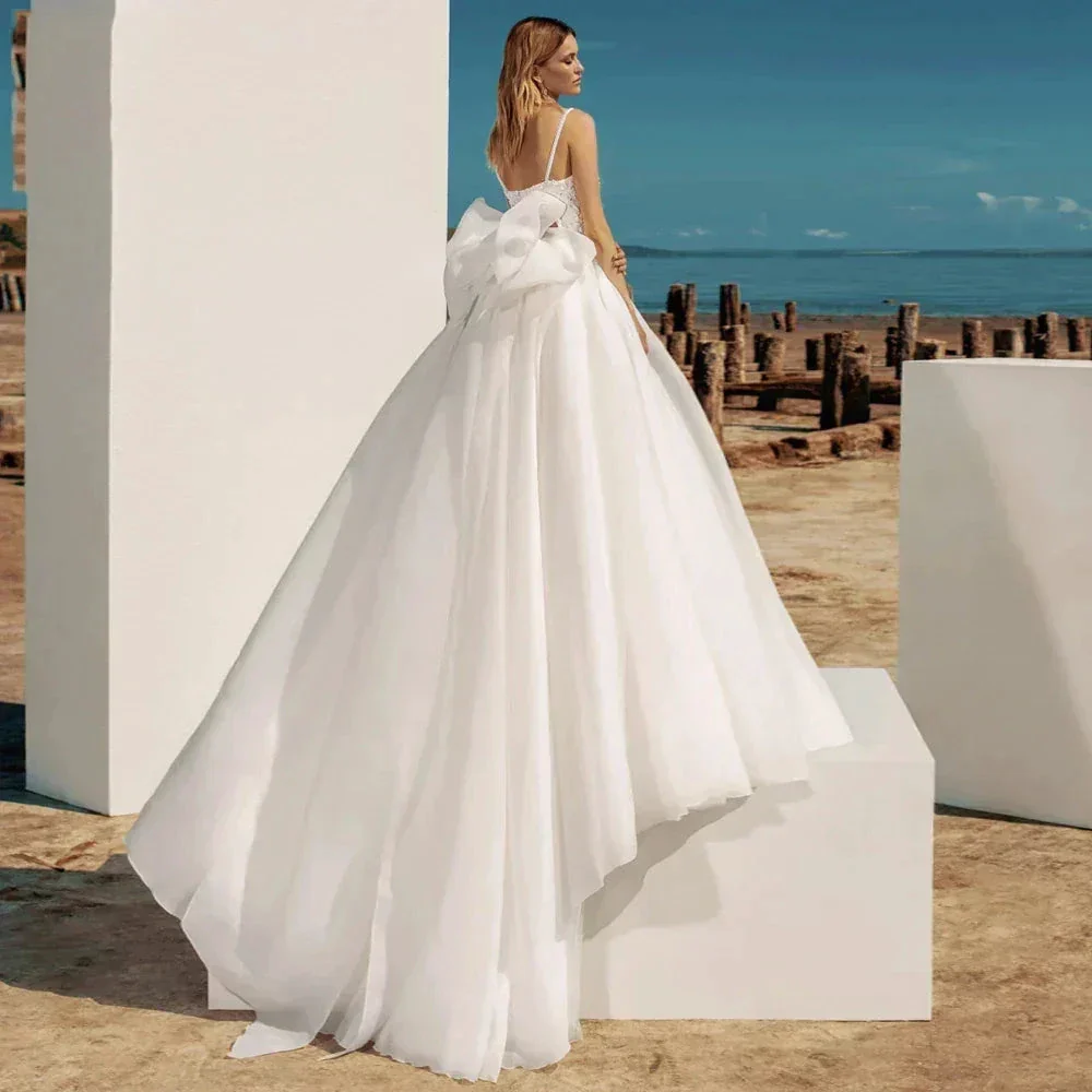 A-Line Bohemian Wedding Dresses Women's Sweetheart Spaghetti Strap Backless Vestido De Beaded Shiny Back Bowknot Robe De Mariee - Image 3