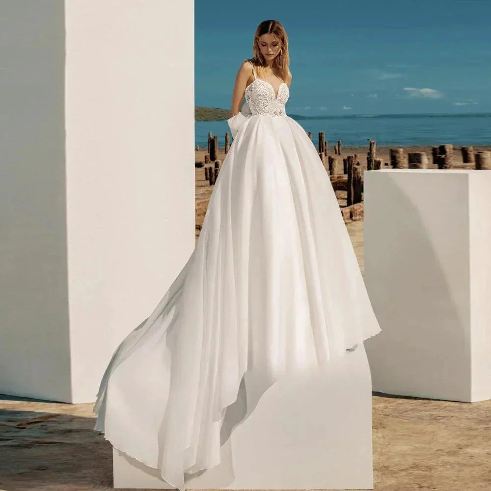 A-Line Bohemian Wedding Dresses Women's Sweetheart Spaghetti Strap Backless Vestido De Beaded Shiny Back Bowknot Robe De Mariee - Image 4