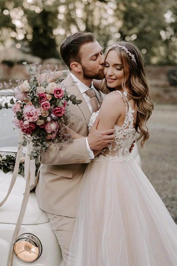 A-line Boho Champagne Off The Shoulder Wedding Dress Bridal Gown WD583 - Image 3