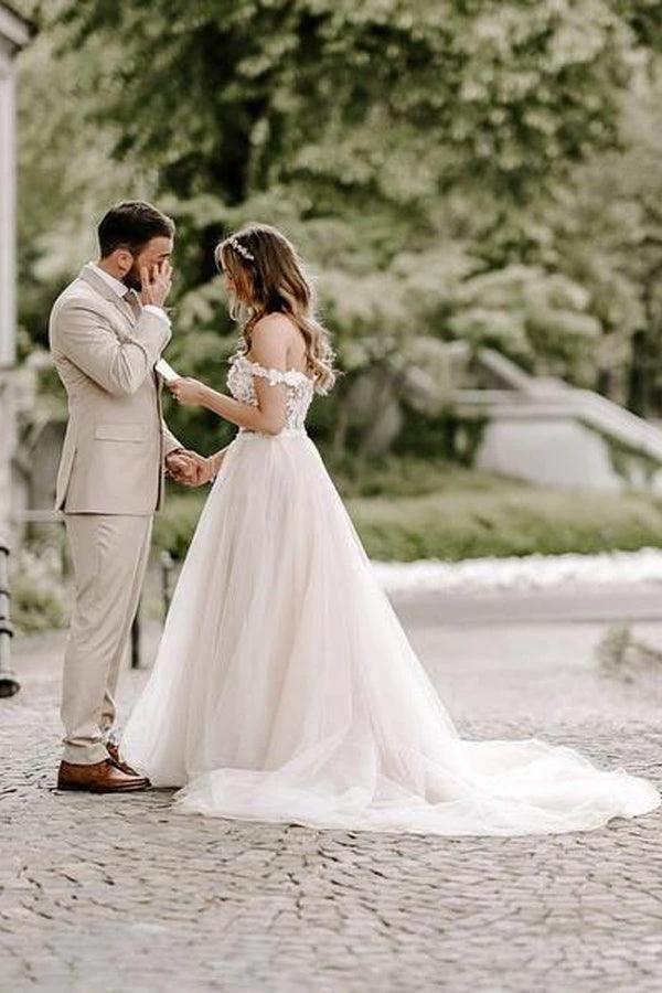 A-line Boho Champagne Off The Shoulder Wedding Dress Bridal Gown WD583 - Image 4
