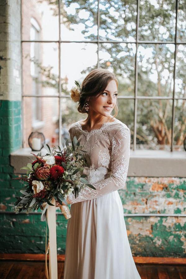 A Line Boho Lace Long Sleeves Open Back Rustic Wedding Dresses WD580 - Image 2