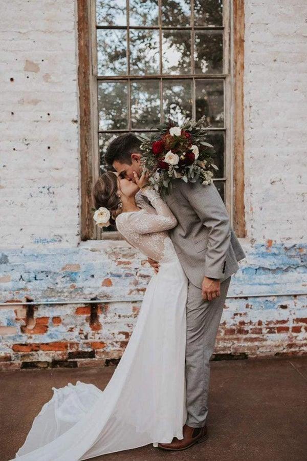 A Line Boho Lace Long Sleeves Open Back Rustic Wedding Dresses WD580 - Image 3