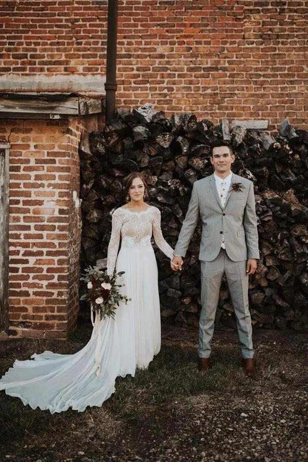 A Line Boho Lace Long Sleeves Open Back Rustic Wedding Dresses WD580 - Image 4