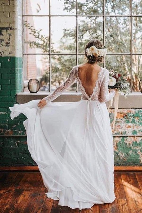 A Line Boho Lace Long Sleeves Open Back Rustic Wedding Dresses WD580 - Image 5