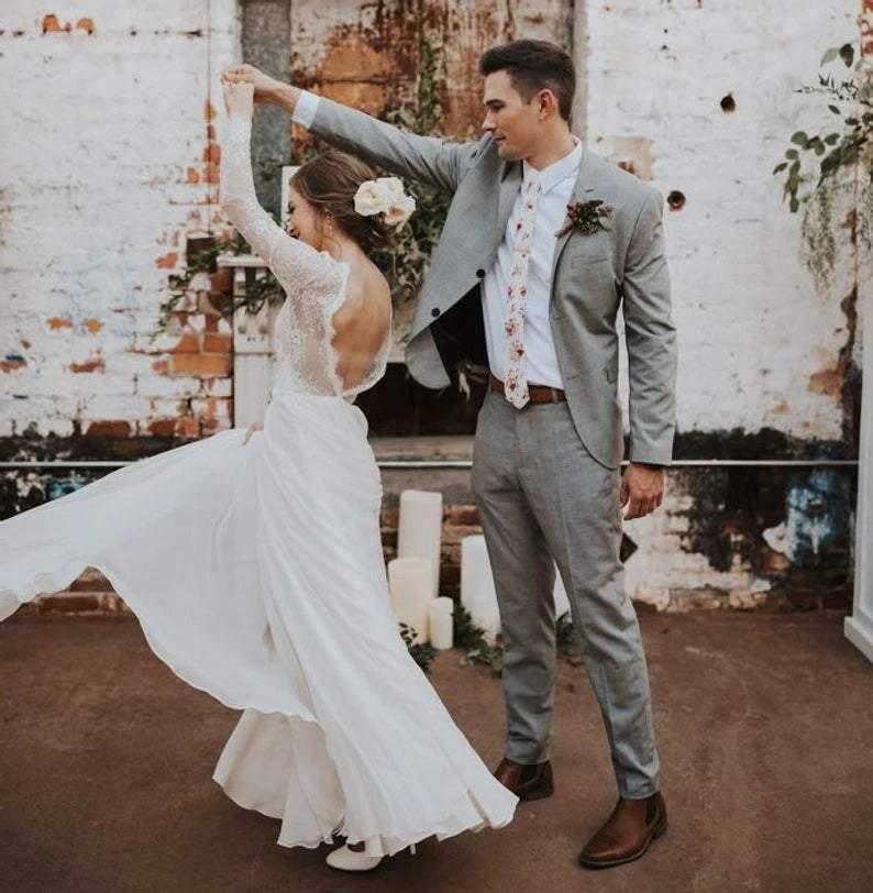 A Line Boho Lace Long Sleeves Open Back Rustic Wedding Dresses WD580 - Image 6