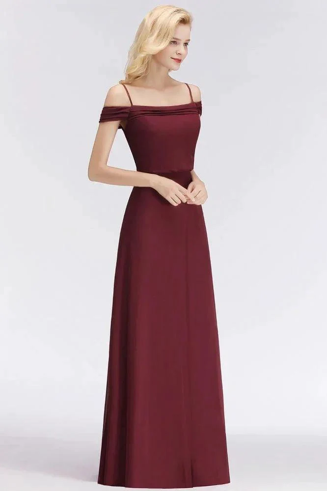 A-line Burgundy Bridesmaid Dress Off-the-shoulder Floor Length Party Dress - Image 2