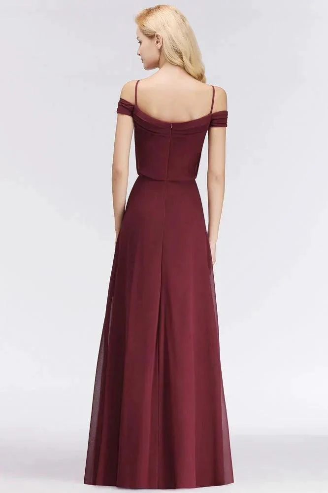 A-line Burgundy Bridesmaid Dress Off-the-shoulder Floor Length Party Dress - Image 3