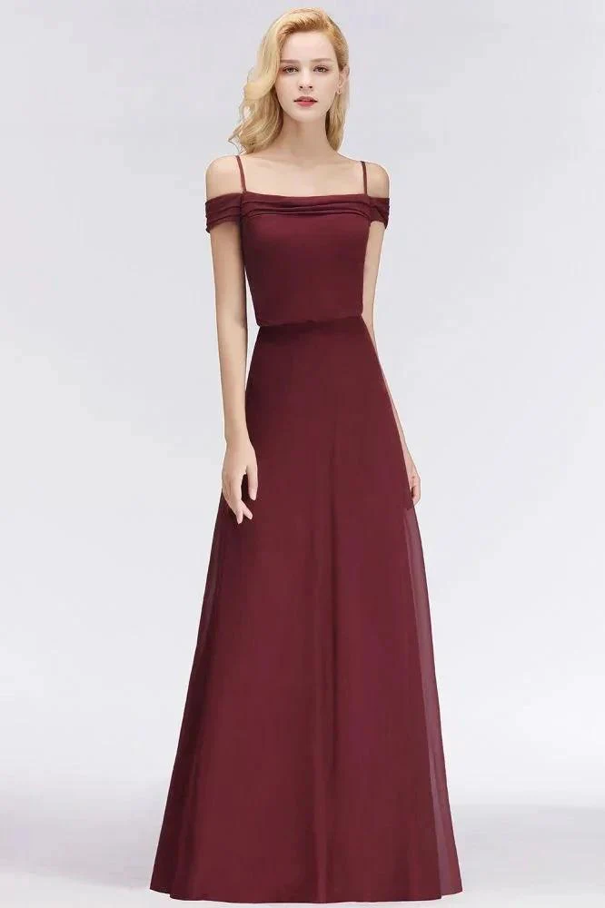 A-line Burgundy Bridesmaid Dress Off-the-shoulder Floor Length Party Dress - Image 4