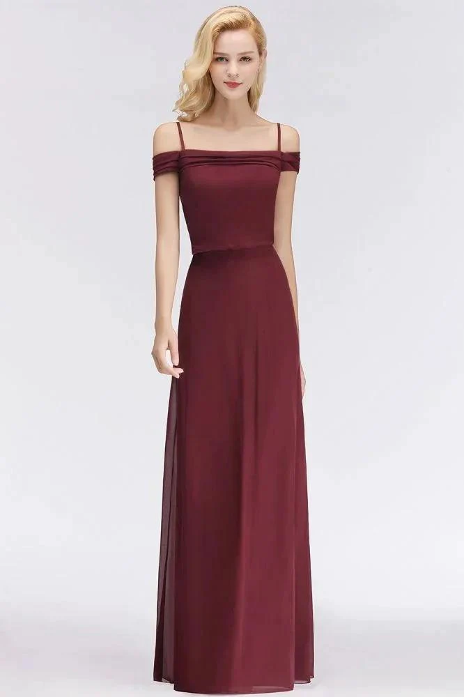 A-line Burgundy Bridesmaid Dress Off-the-shoulder Floor Length Party Dress - Image 5