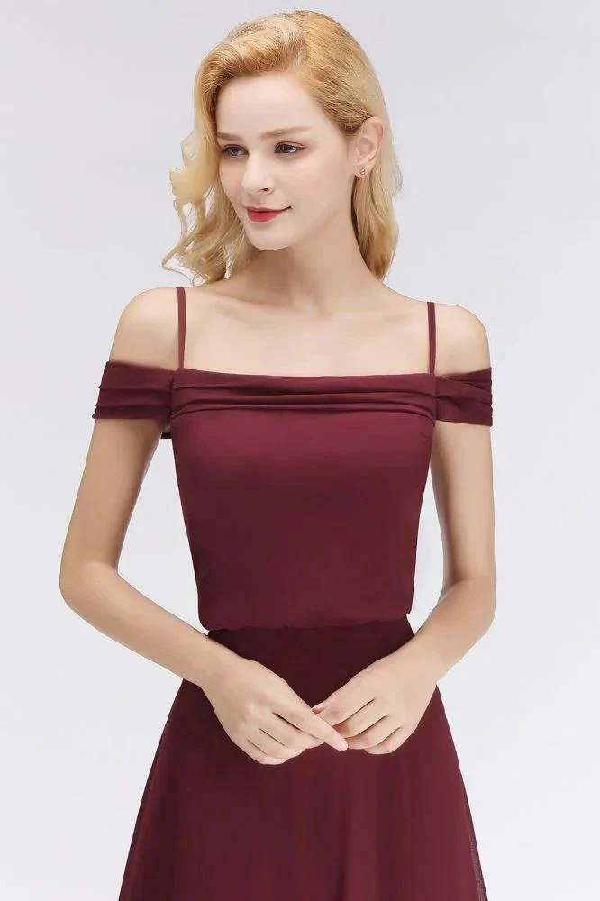 A-line Burgundy Bridesmaid Dress Off-the-shoulder Floor Length Party Dress - Image 6