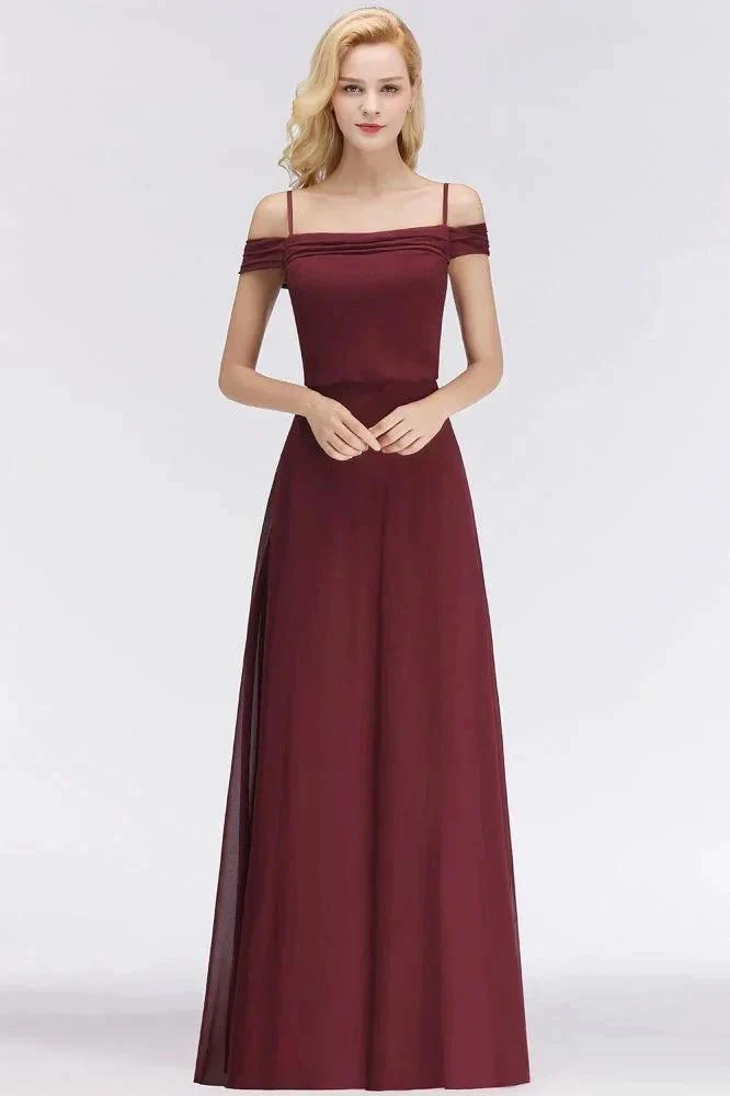 A-line Burgundy Bridesmaid Dress Off-the-shoulder Floor Length Party Dress - Image 7