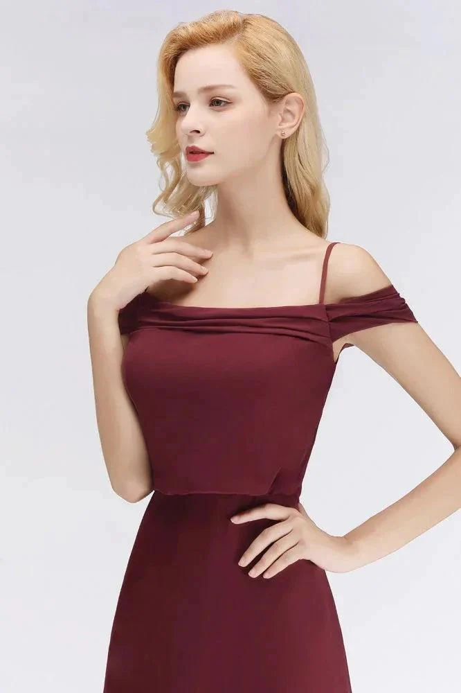 A-line Burgundy Bridesmaid Dress Off-the-shoulder Floor Length Party Dress - Image 8