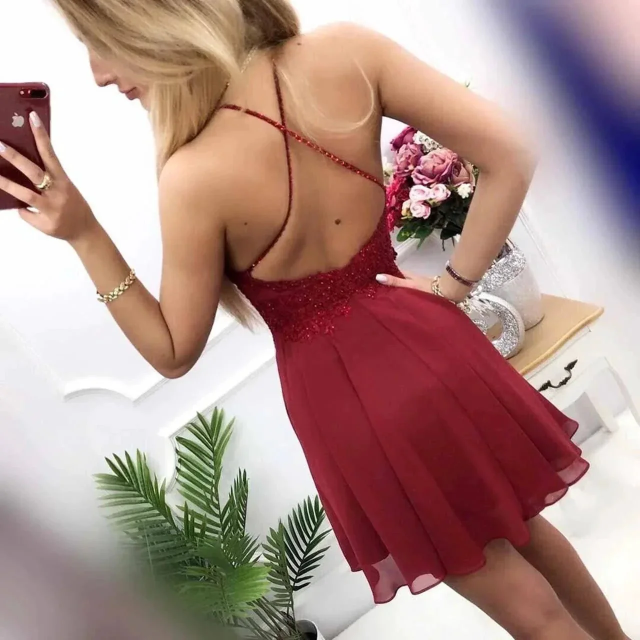 A-Line Burgundy Chiffon Halter Appliques Short Homecoming Dress PD399 - Image 2