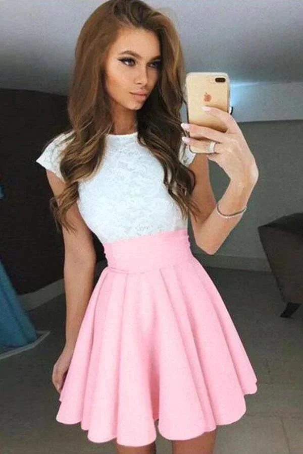 A-line Cap Sleeves Short Pearl Pink Chiffon Homecoming Dress with Lace PD092 - Image 2
