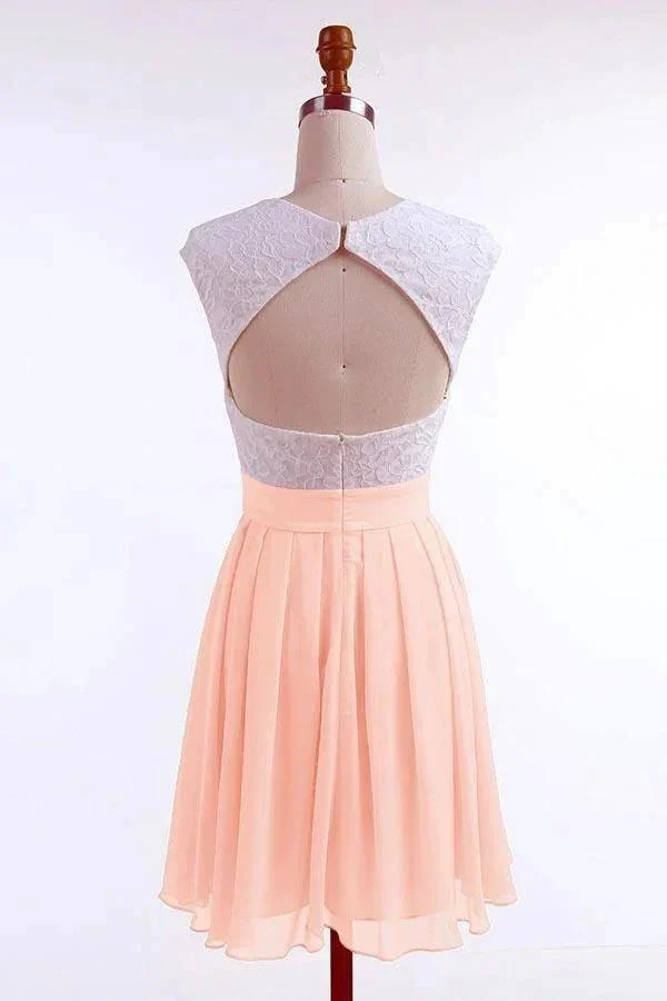 A-line Cap Sleeves Short Pearl Pink Chiffon Homecoming Dress with Lace PD092 - Image 4
