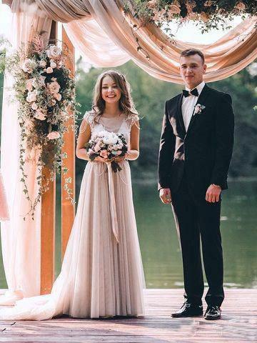 A-line Cap Sleeves Silver Long Tulle  Beach Wedding Dress  WD323 - Image 3