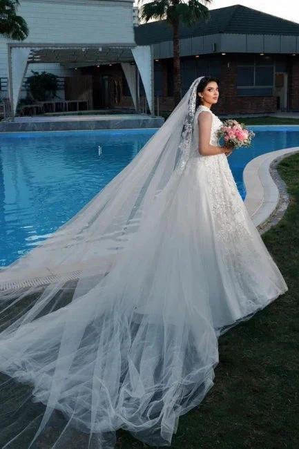 A-Line Charming V-Neck Sleeveless Tulle Floor-Length Wedding Dresses with Appliques - Image 3