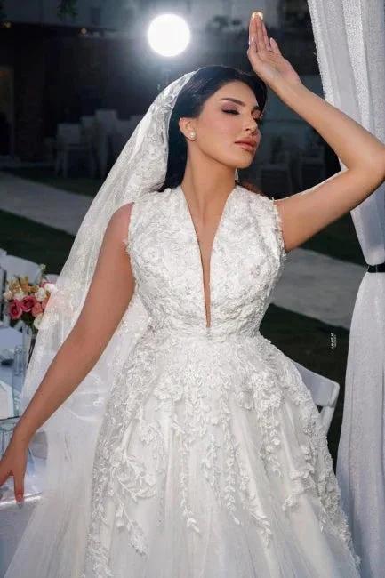 A-Line Charming V-Neck Sleeveless Tulle Floor-Length Wedding Dresses with Appliques - Image 4