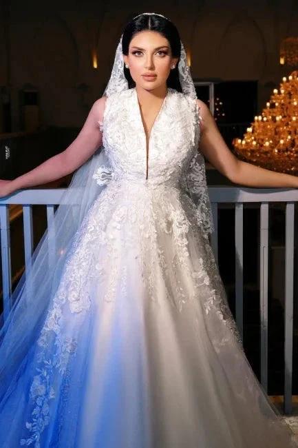 A-Line Charming V-Neck Sleeveless Tulle Floor-Length Wedding Dresses with Appliques - Image 6
