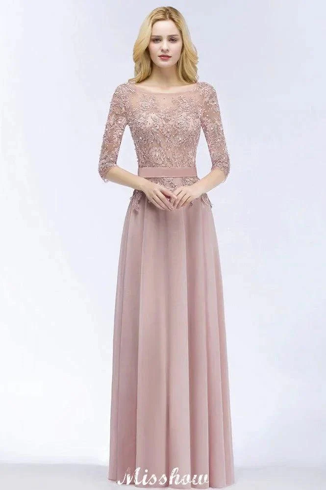 A-line Chiffon Appliques Bridesmaid Dresses Jewel Half-Sleeves Floor-Length Evening Gown with Sash - Image 2