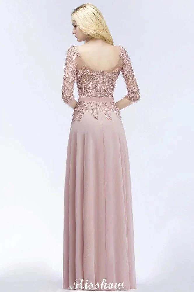 A-line Chiffon Appliques Bridesmaid Dresses Jewel Half-Sleeves Floor-Length Evening Gown with Sash - Image 3
