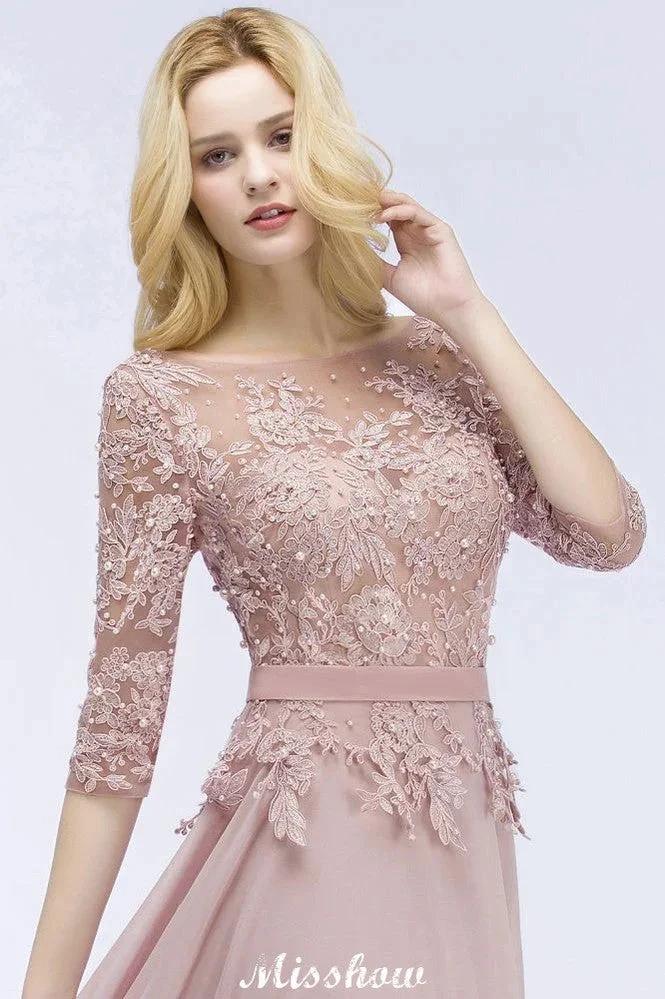 A-line Chiffon Appliques Bridesmaid Dresses Jewel Half-Sleeves Floor-Length Evening Gown with Sash - Image 4