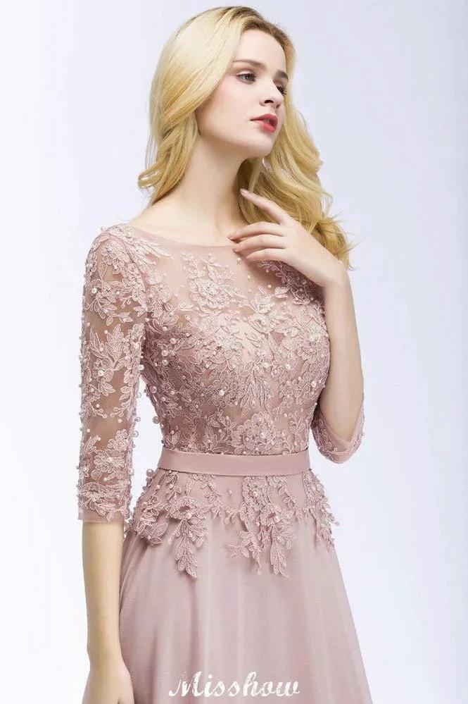 A-line Chiffon Appliques Bridesmaid Dresses Jewel Half-Sleeves Floor-Length Evening Gown with Sash - Image 5