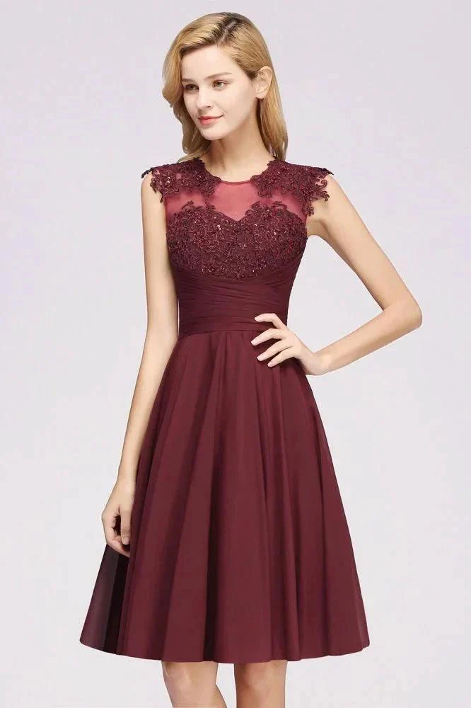 A-line Chiffon Appliques Jewel Sleeveless Knee-Length Bridesmaid Dresses with Ruffles - Image 2