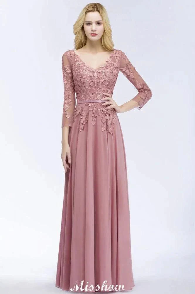 A-line Chiffon Floor-Length Bridesmaid Dress Appliques V-Neck Long-Sleeves Evening Dress - Image 2