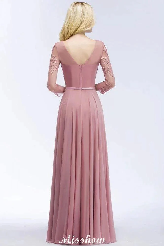 A-line Chiffon Floor-Length Bridesmaid Dress Appliques V-Neck Long-Sleeves Evening Dress - Image 3