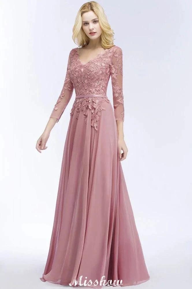 A-line Chiffon Floor-Length Bridesmaid Dress Appliques V-Neck Long-Sleeves Evening Dress - Image 4