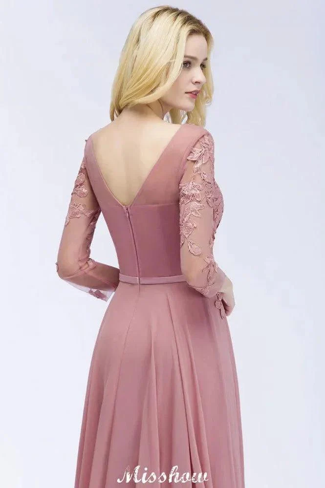 A-line Chiffon Floor-Length Bridesmaid Dress Appliques V-Neck Long-Sleeves Evening Dress - Image 5
