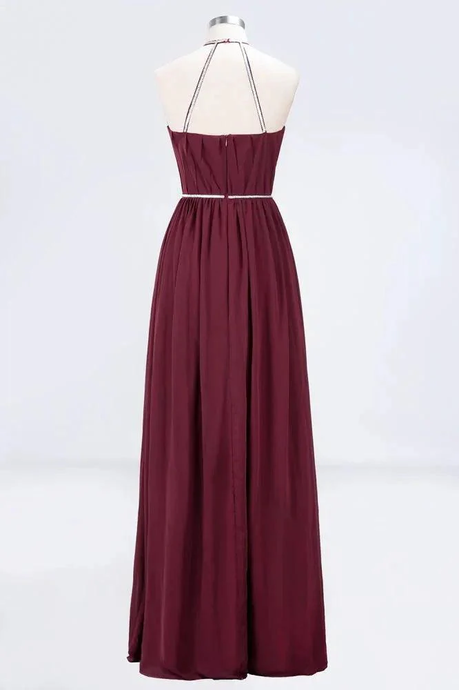A-line Chiffon Halter Sleeveless Floor-Length Bridesmaid Dress with Beading Sash - Image 2