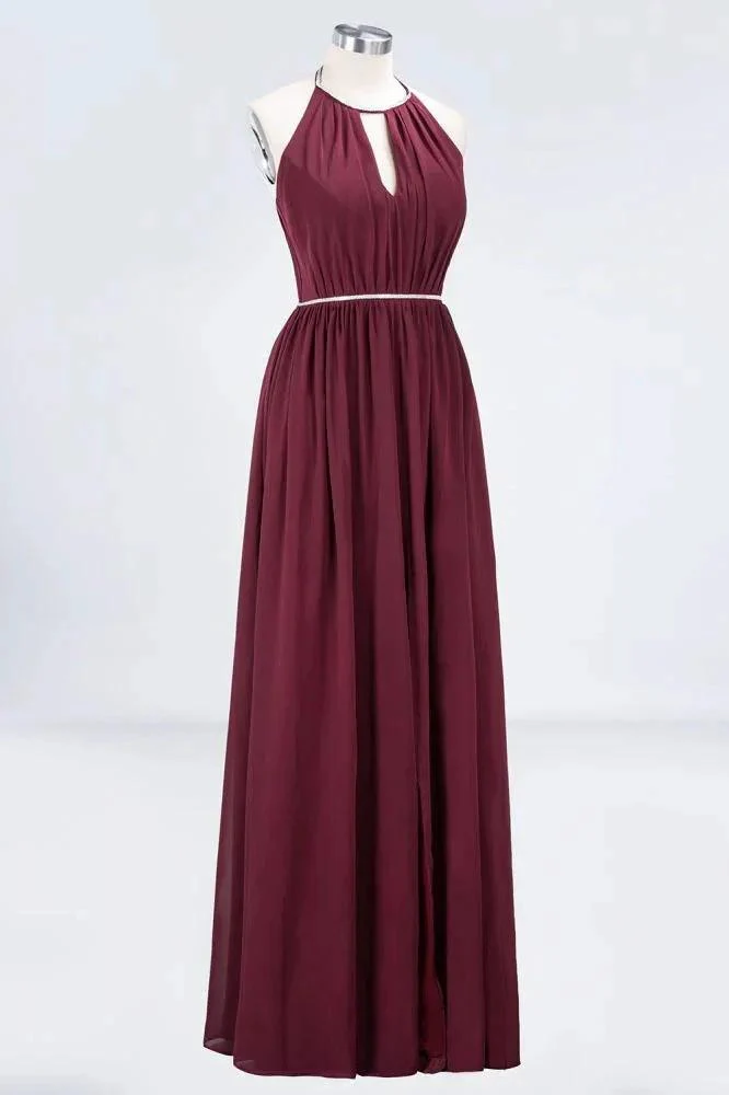 A-line Chiffon Halter Sleeveless Floor-Length Bridesmaid Dress with Beading Sash - Image 3