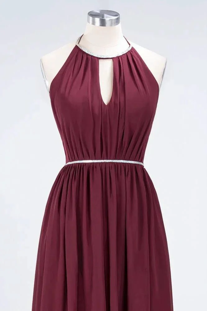 A-line Chiffon Halter Sleeveless Floor-Length Bridesmaid Dress with Beading Sash - Image 4