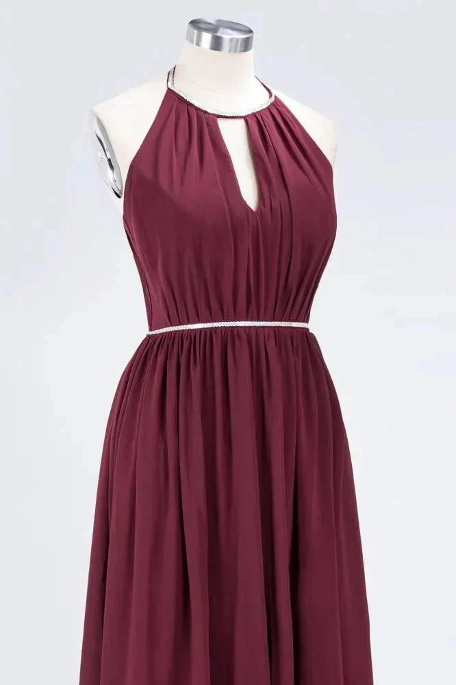 A-line Chiffon Halter Sleeveless Floor-Length Bridesmaid Dress with Beading Sash - Image 5