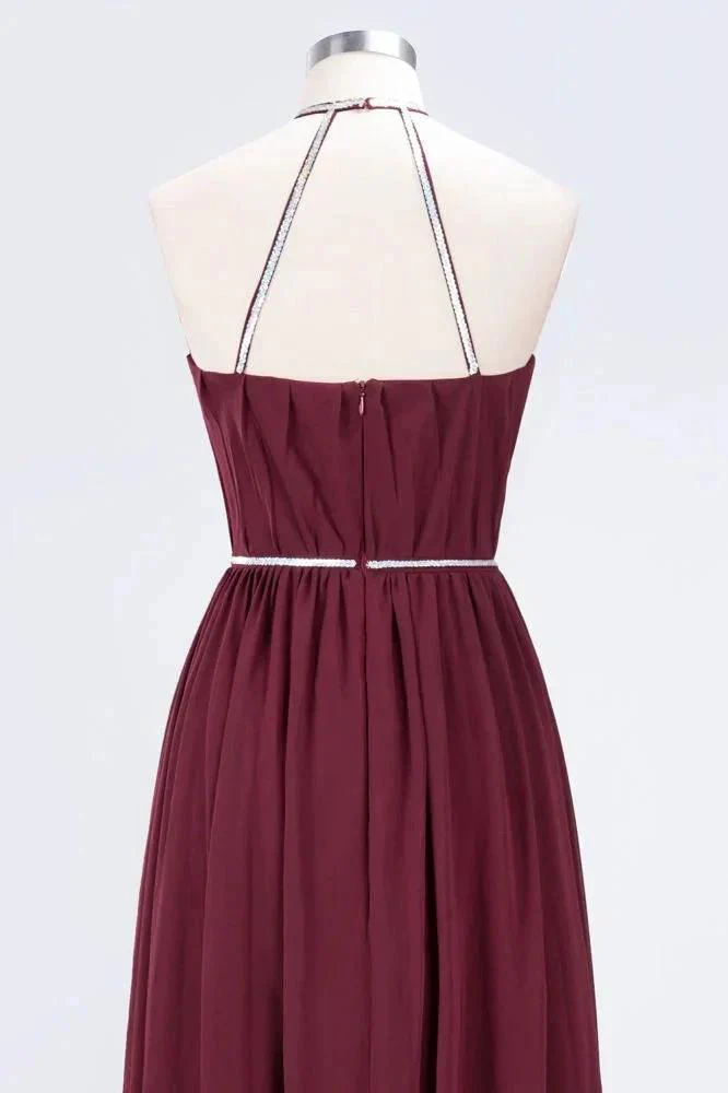 A-line Chiffon Halter Sleeveless Floor-Length Bridesmaid Dress with Beading Sash - Image 6