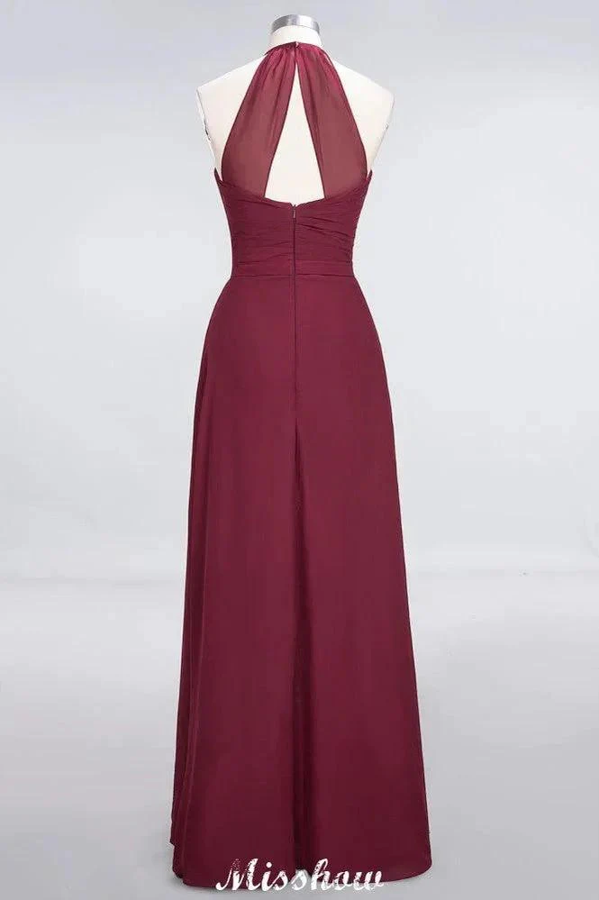 A-Line Chiffon Halter V-Neck Sleeveless Floor-Length Bridesmaid Dress with Ruffle - Image 2