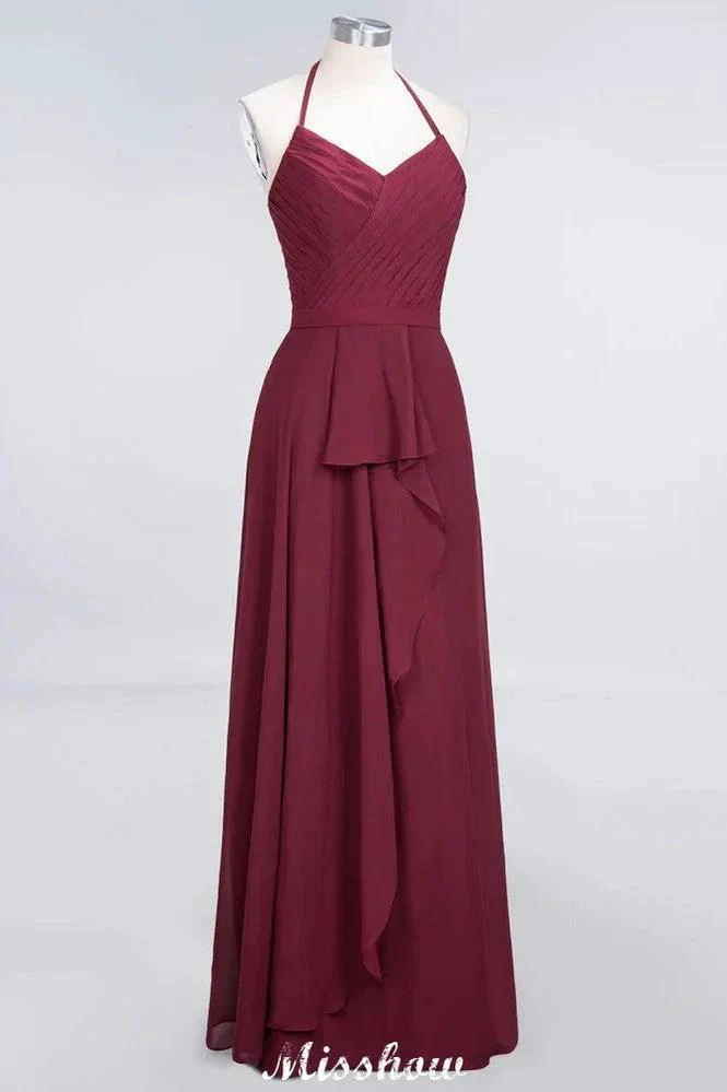 A-Line Chiffon Halter V-Neck Sleeveless Floor-Length Bridesmaid Dress with Ruffle - Image 3