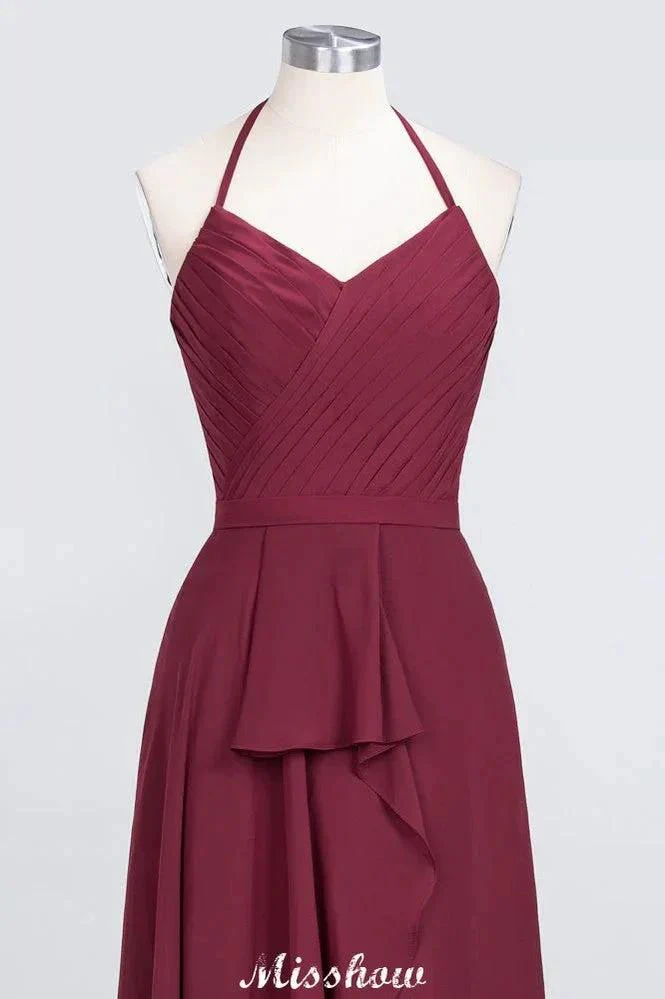 A-Line Chiffon Halter V-Neck Sleeveless Floor-Length Bridesmaid Dress with Ruffle - Image 4