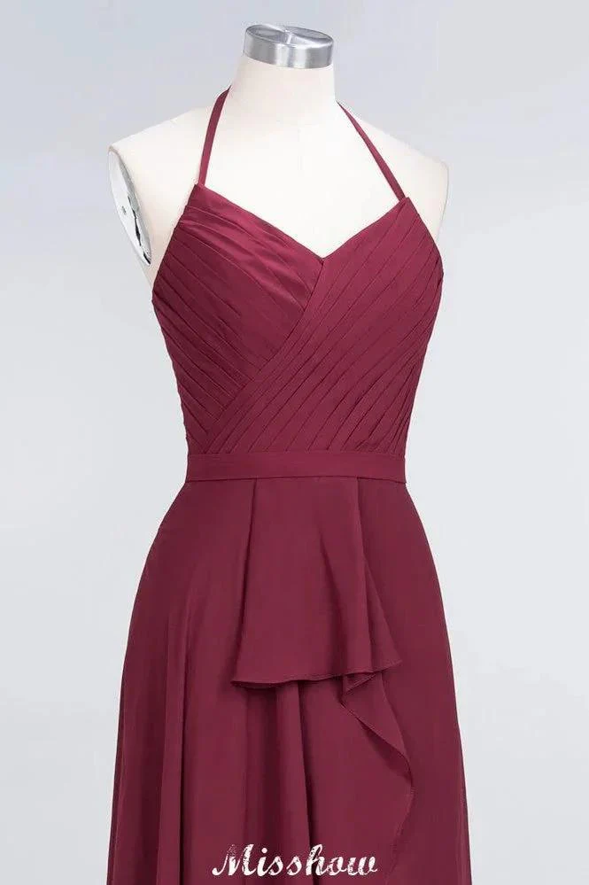 A-Line Chiffon Halter V-Neck Sleeveless Floor-Length Bridesmaid Dress with Ruffle - Image 5