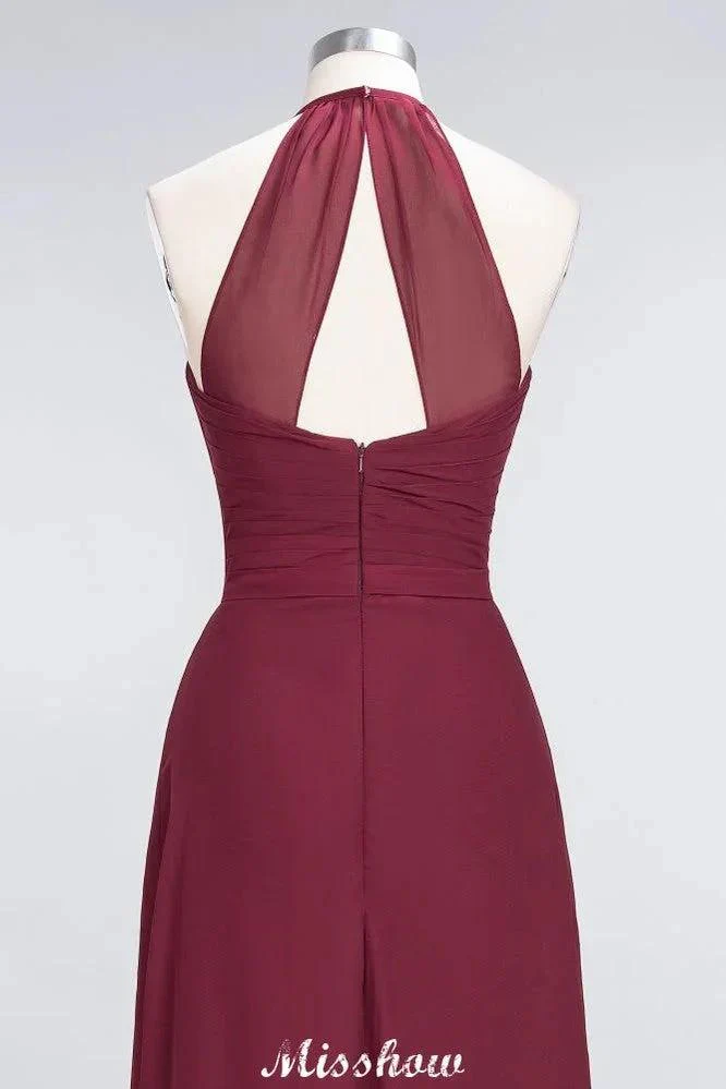 A-Line Chiffon Halter V-Neck Sleeveless Floor-Length Bridesmaid Dress with Ruffle - Image 6