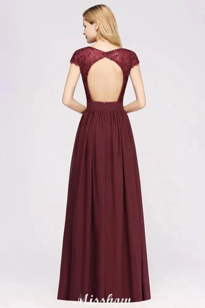 A-line Chiffon Lace V-Neck Sleeveless Floor-Length Bridesmaid Dresses with Ruffles - Image 2