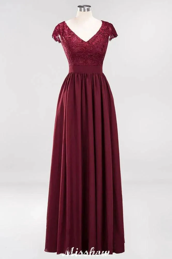 A-line Chiffon Lace V-Neck Sleeveless Floor-Length Bridesmaid Dresses with Ruffles - Image 3